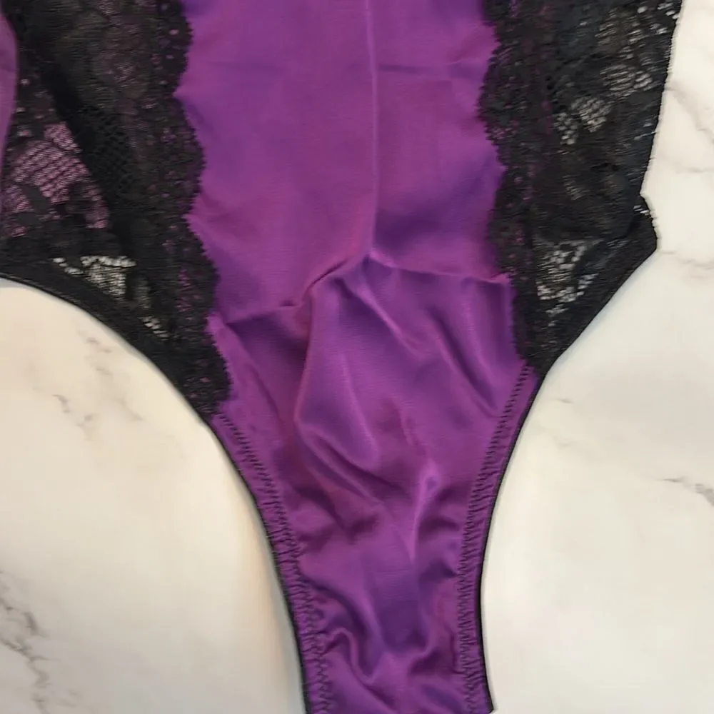 NWT Frederick's of Hollywood Ilana Purple Black Lace Mesh Bodysuit Teddy